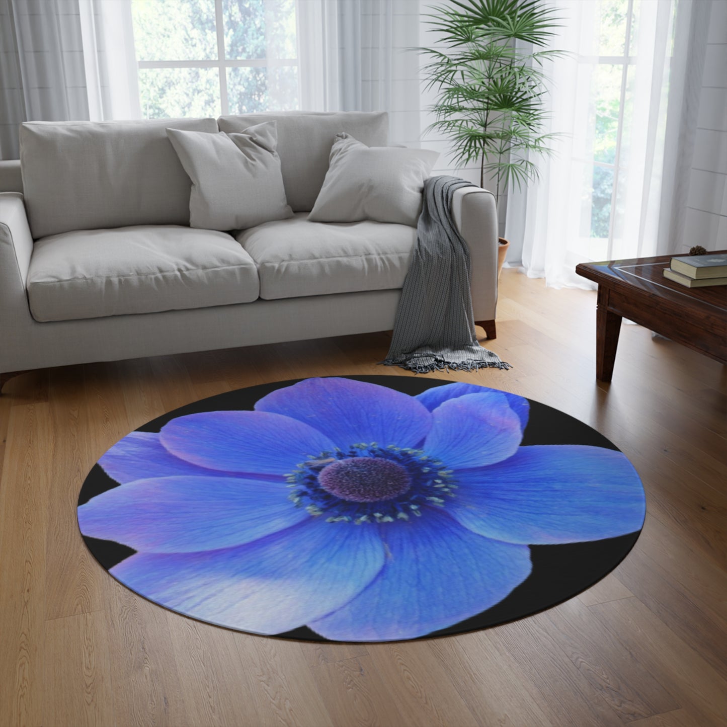 Purple and Blue Flower Black Round Rug