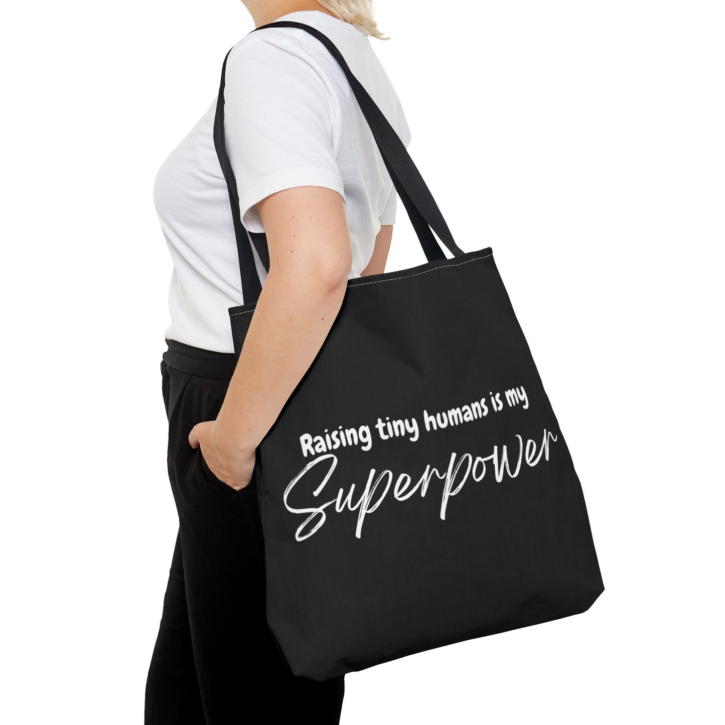 "Raising tiny humans is my superpower" Black Tote