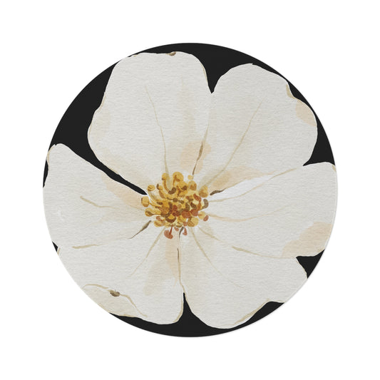 White Flower Black Round Rug