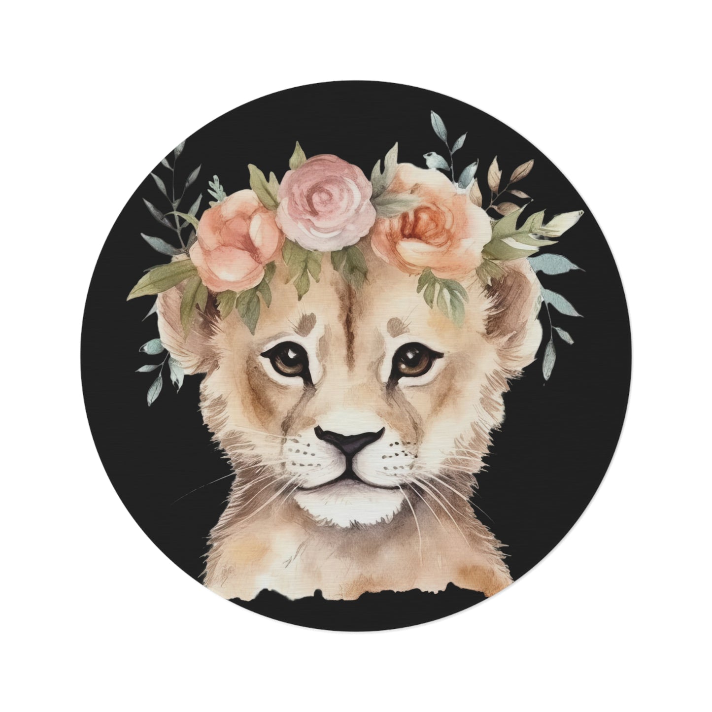 Baby Lion with Flower Crown Round Rug