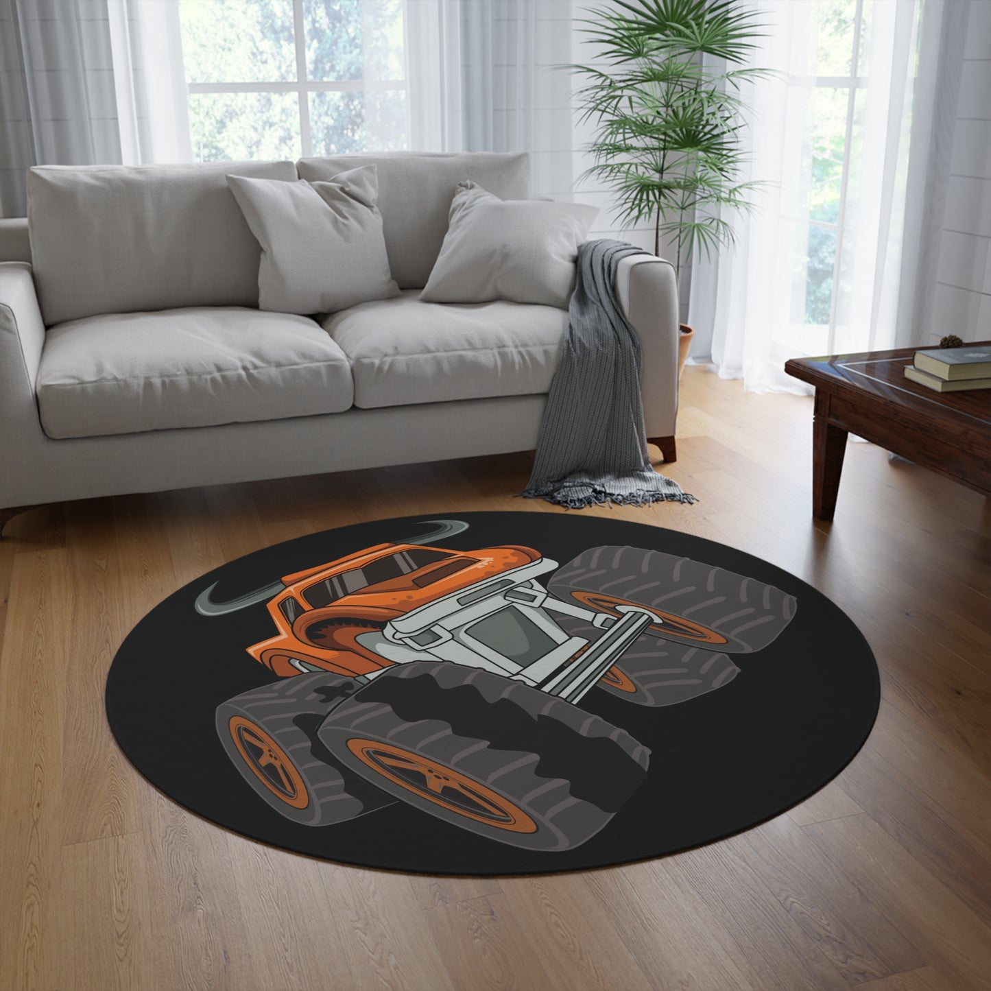 Orange Horned Monster Truck Black Round Rug