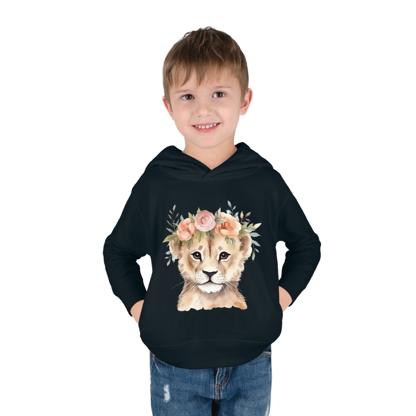 Lion Cub Wearing a Flower Crown Toddler Pullover Fleece Hoodie