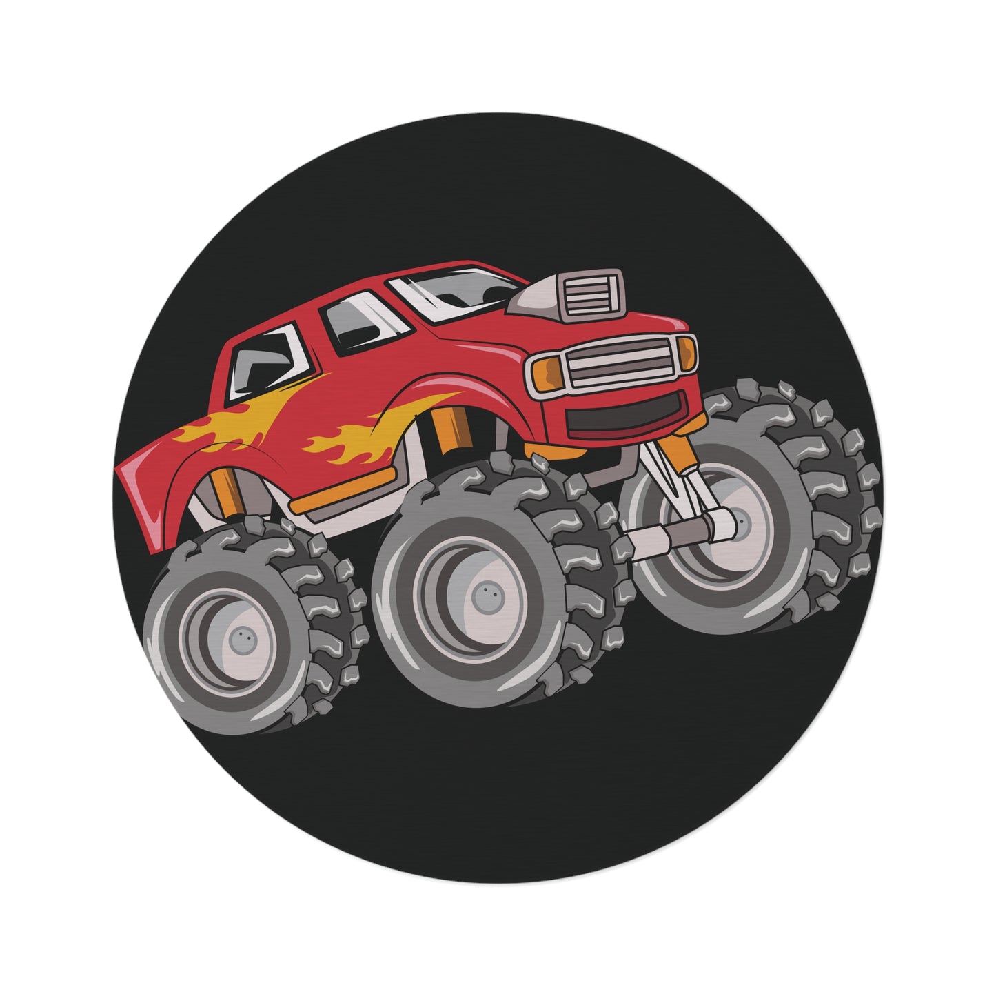 Red Flame Monster Truck Black Round Rug