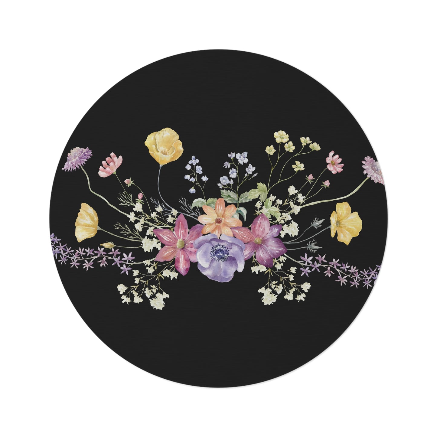 Bunch of Wildflowers Black Round Rug