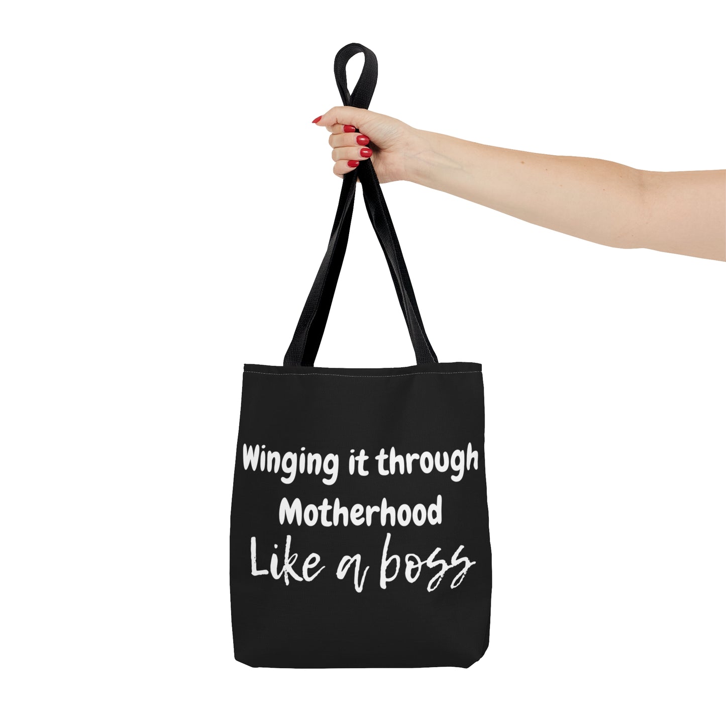 "Winging it through Motherhood like a Boss" Black Tote Bag