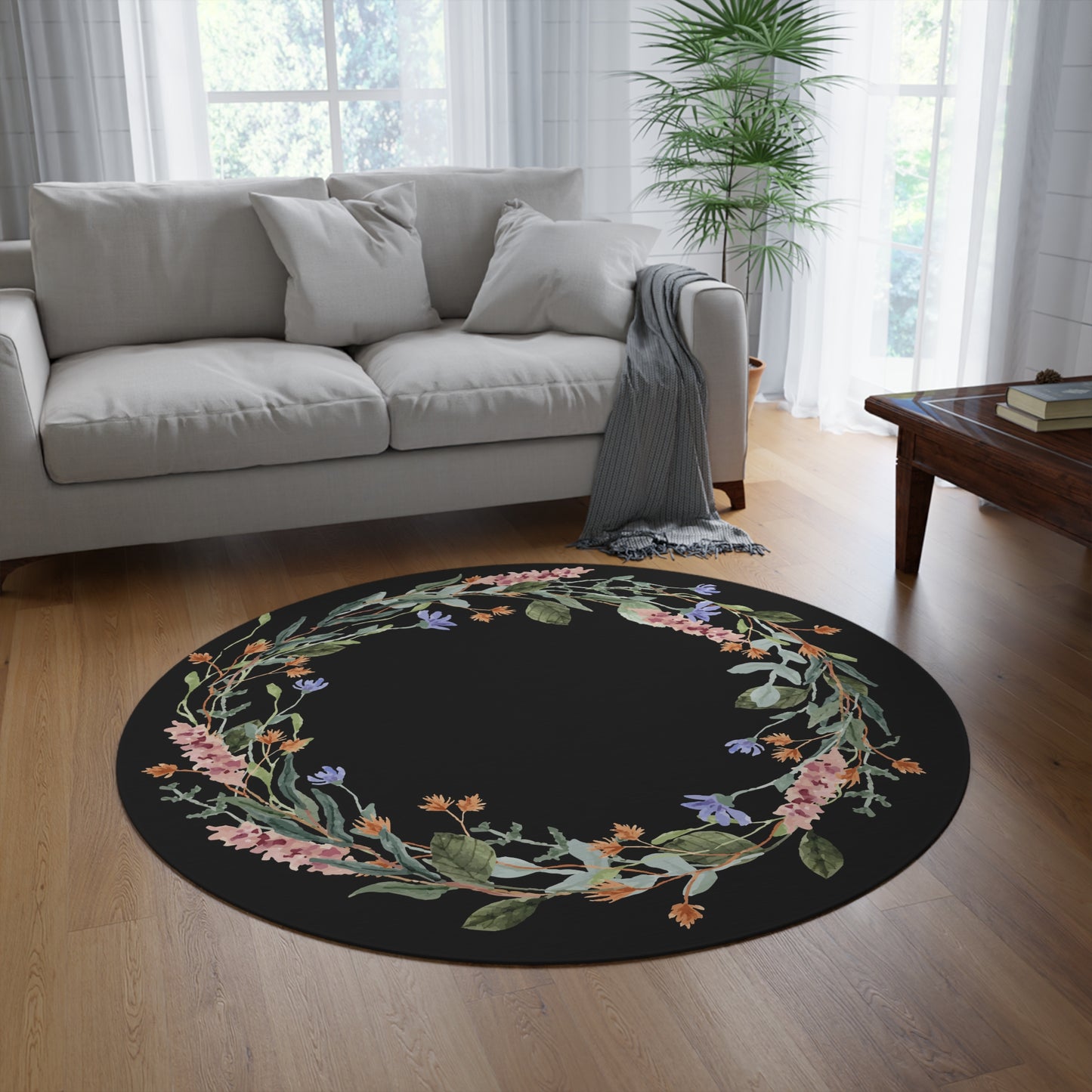 Round of Wildflowers Black Round Rug