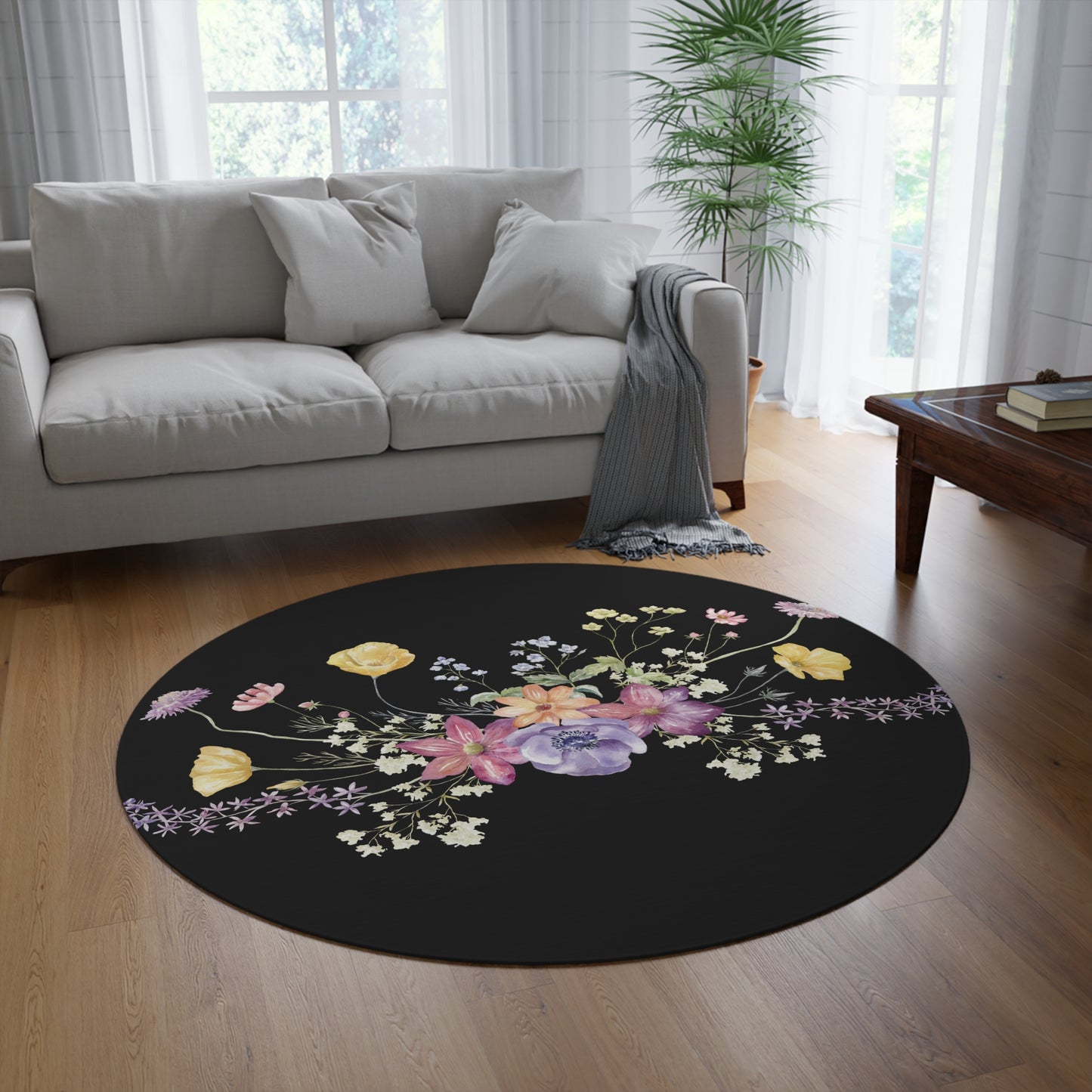 Bunch of Wildflowers Black Round Rug