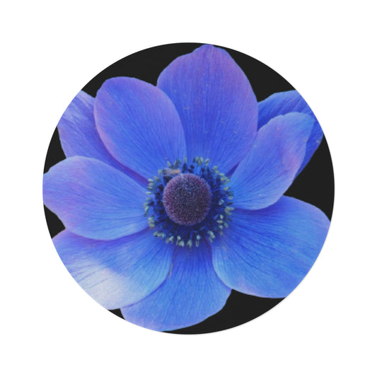 Purple and Blue Flower Black Round Rug