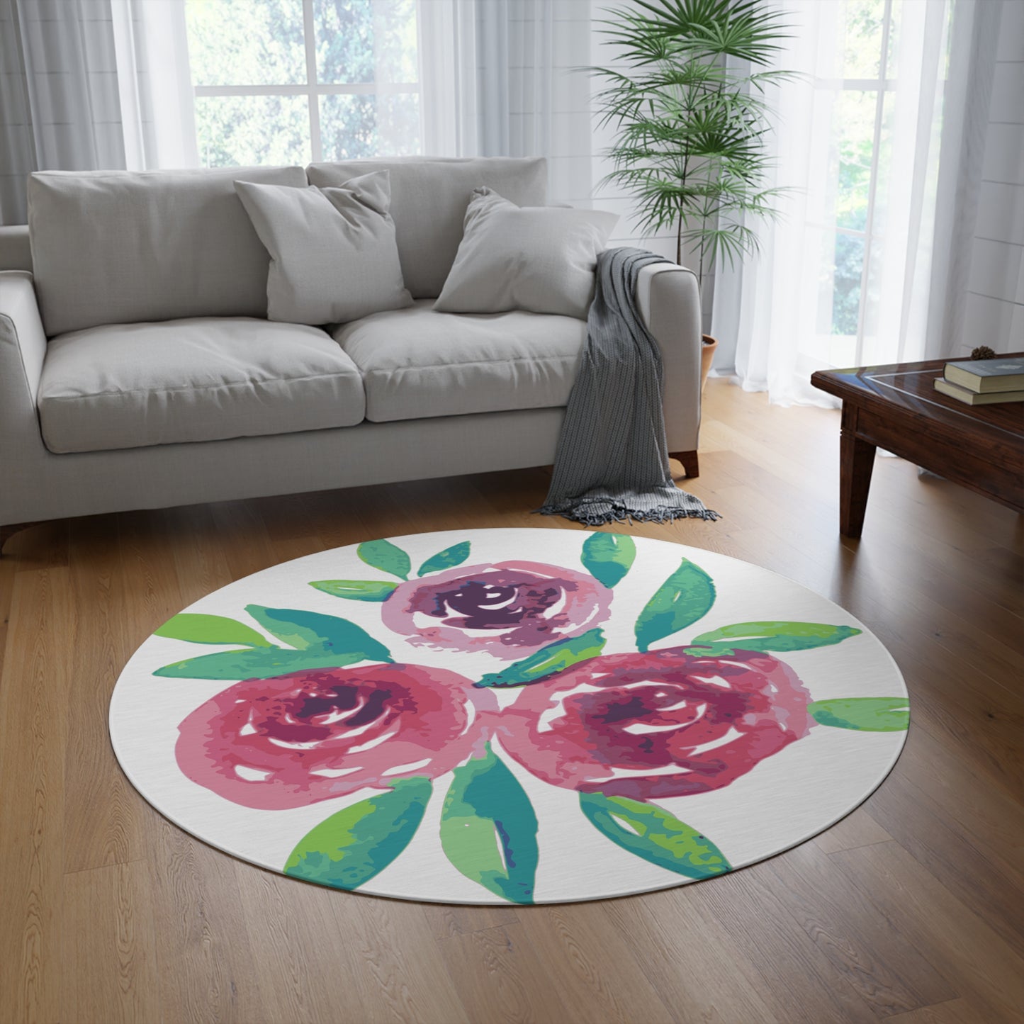 Muted Water Color Roses White Round Rug