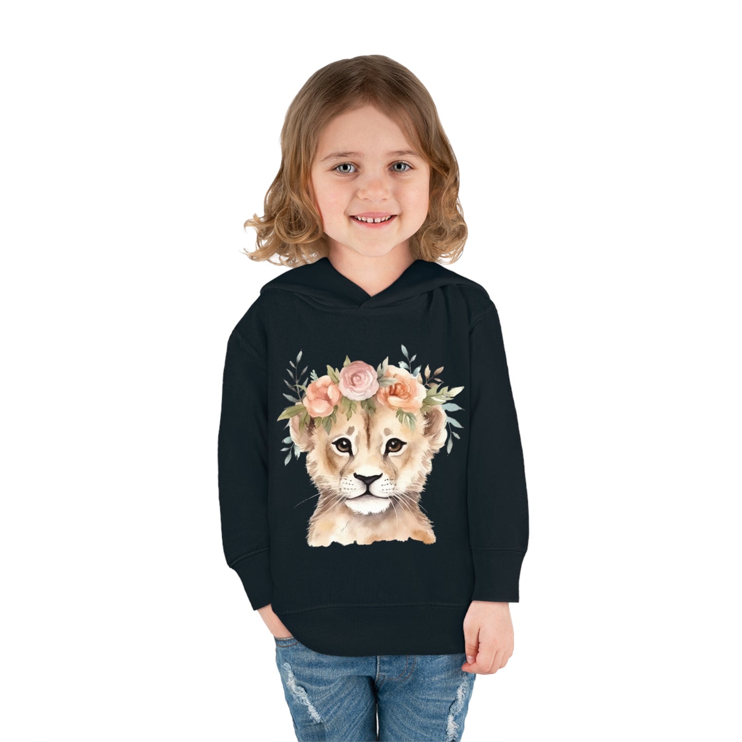 Lion Cub Wearing a Flower Crown Toddler Pullover Fleece Hoodie