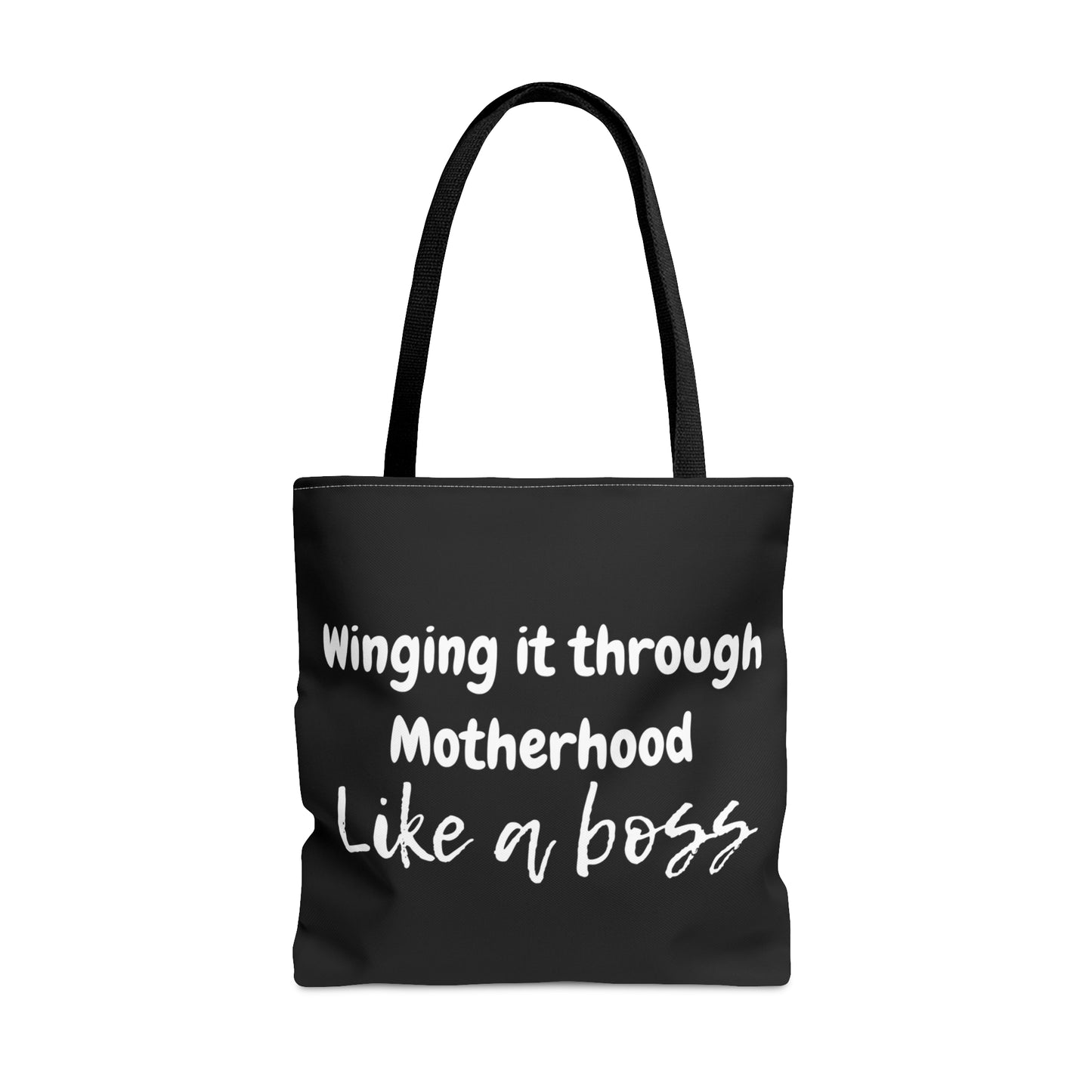 "Winging it through Motherhood like a Boss" Black Tote Bag