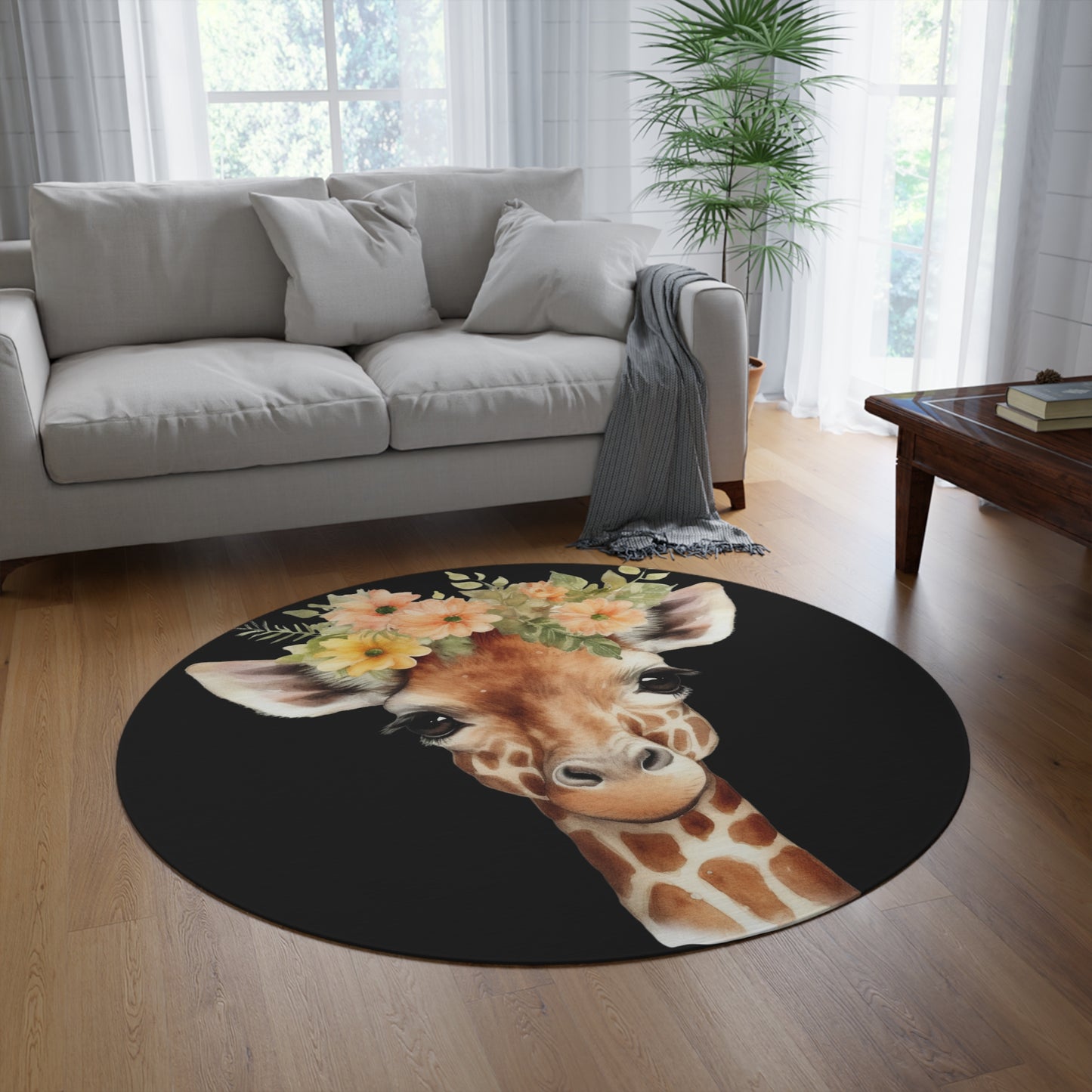 Giraffe Flower Crown Round Rug