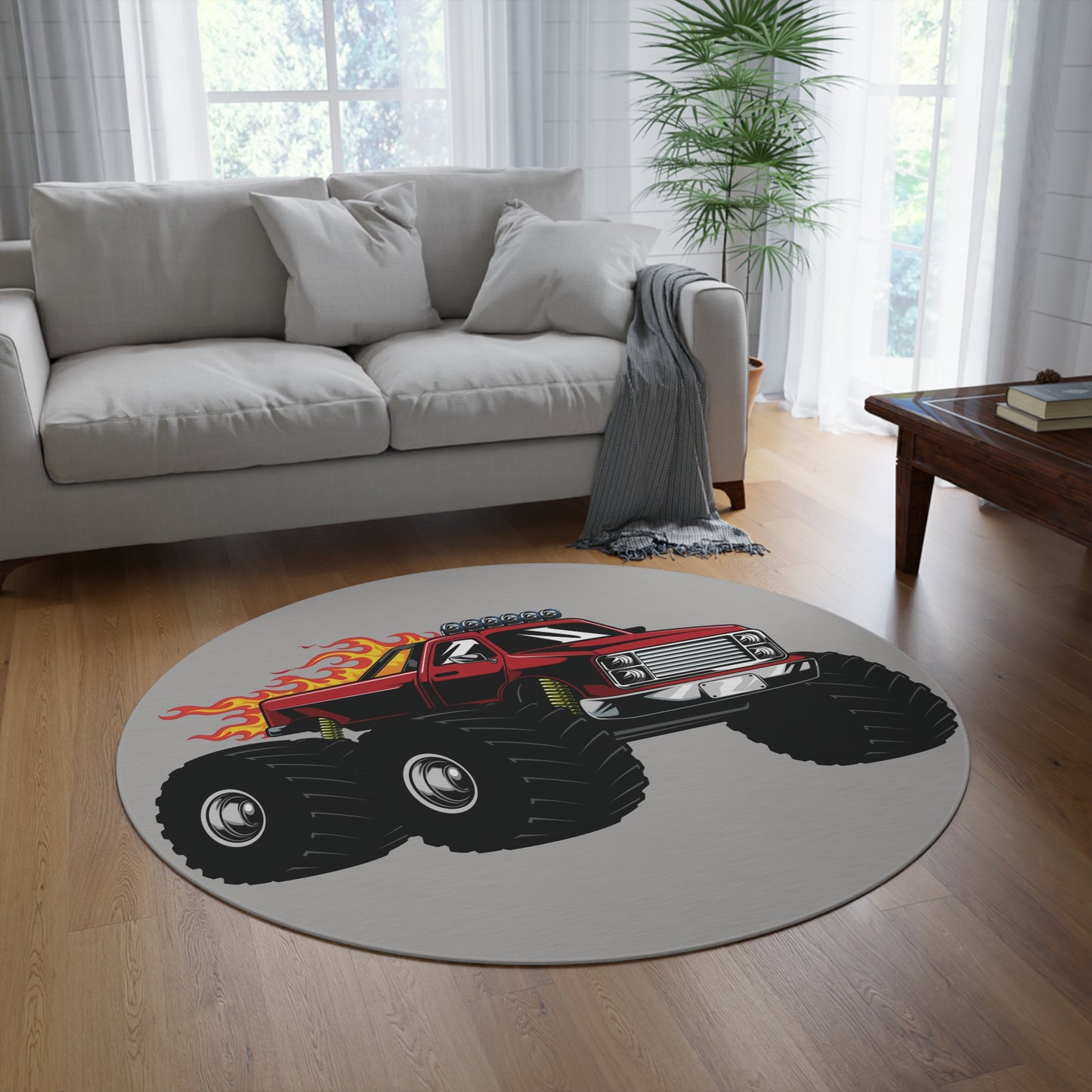 Red Flame Monster Truck Grey Round Rug