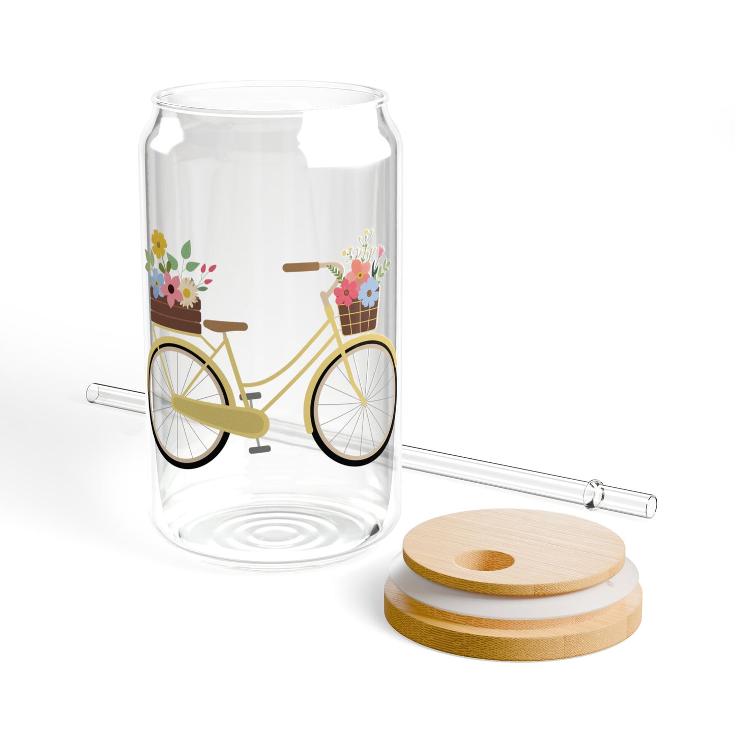 Yellow Bike with Flowers Sipper Glass, 16oz