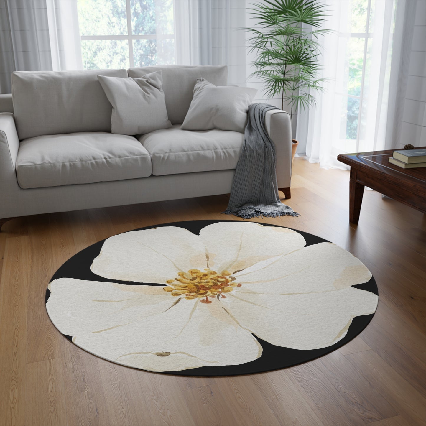 White Flower Black Round Rug