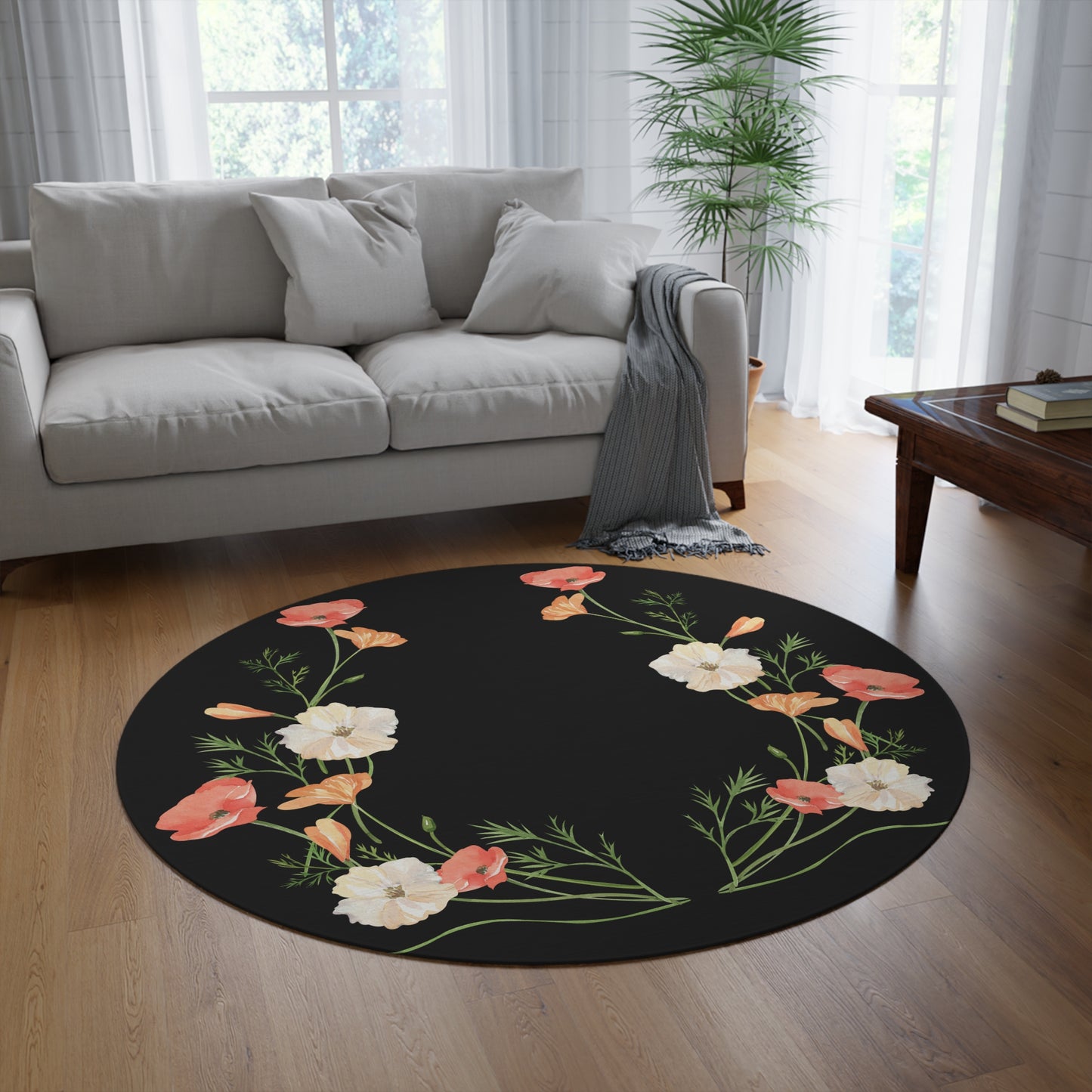 Bunch of Wildflowers Black Round Rug