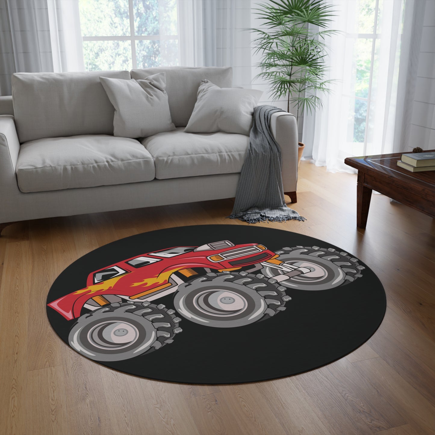 Red Flame Monster Truck Black Round Rug