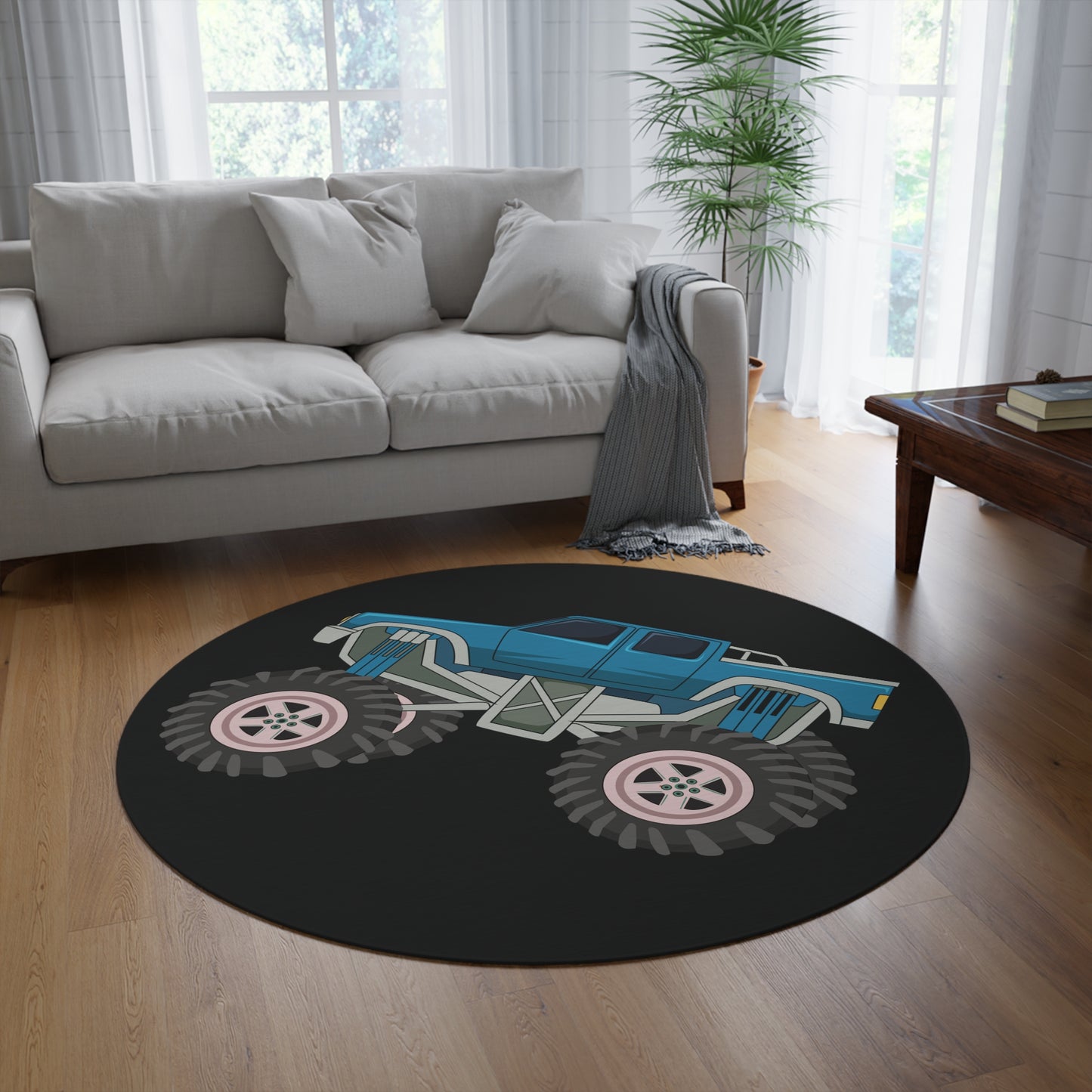 Blue Wheely Monster Truck Black Round Rug