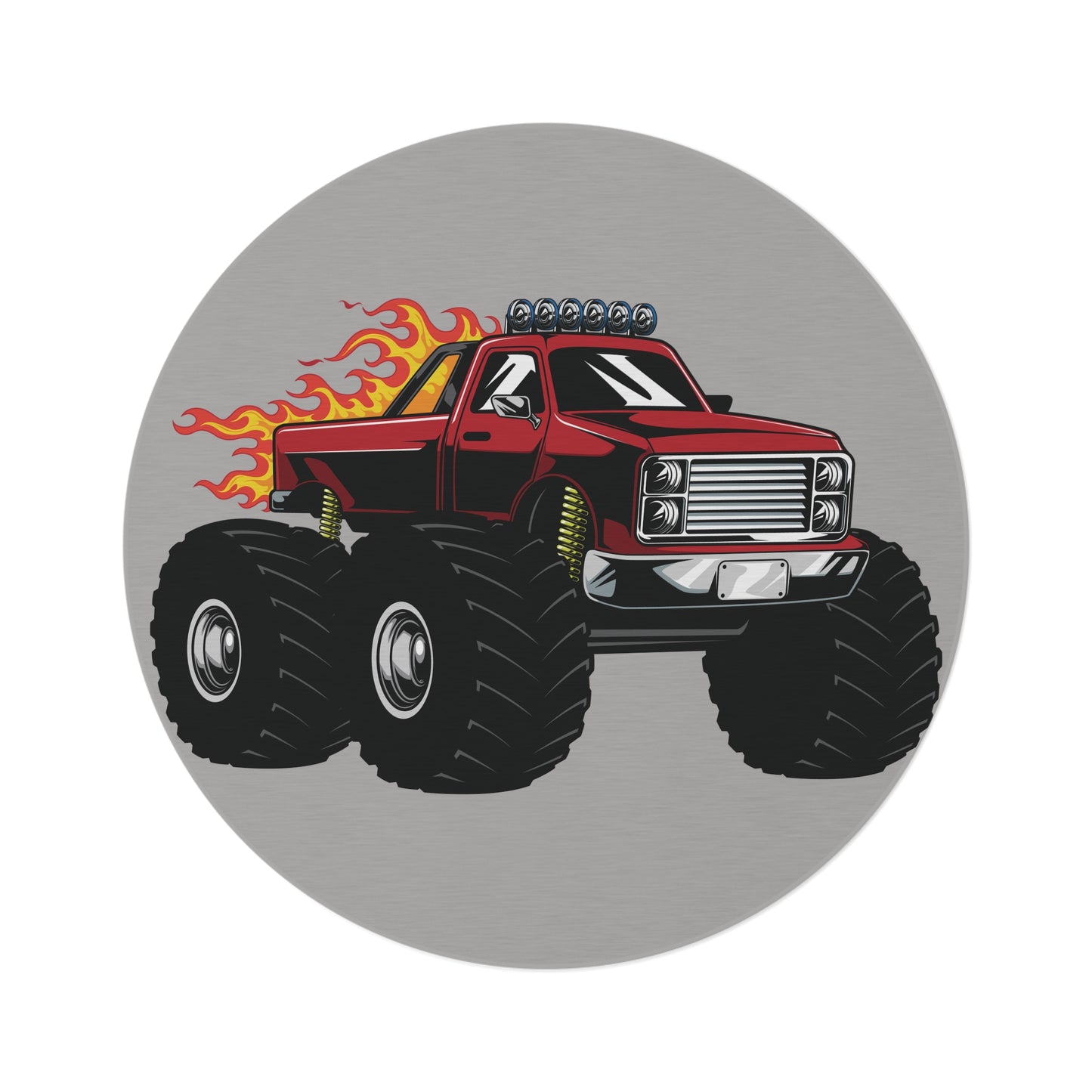 Red Flame Monster Truck Grey Round Rug