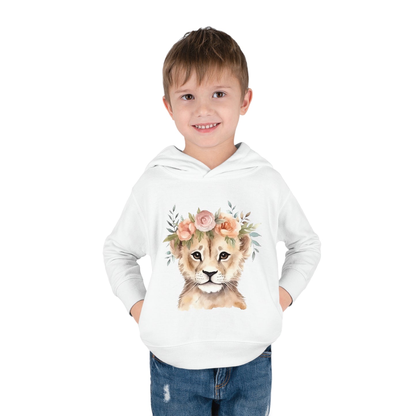 Lion Cub Wearing a Flower Crown Toddler Pullover Fleece Hoodie